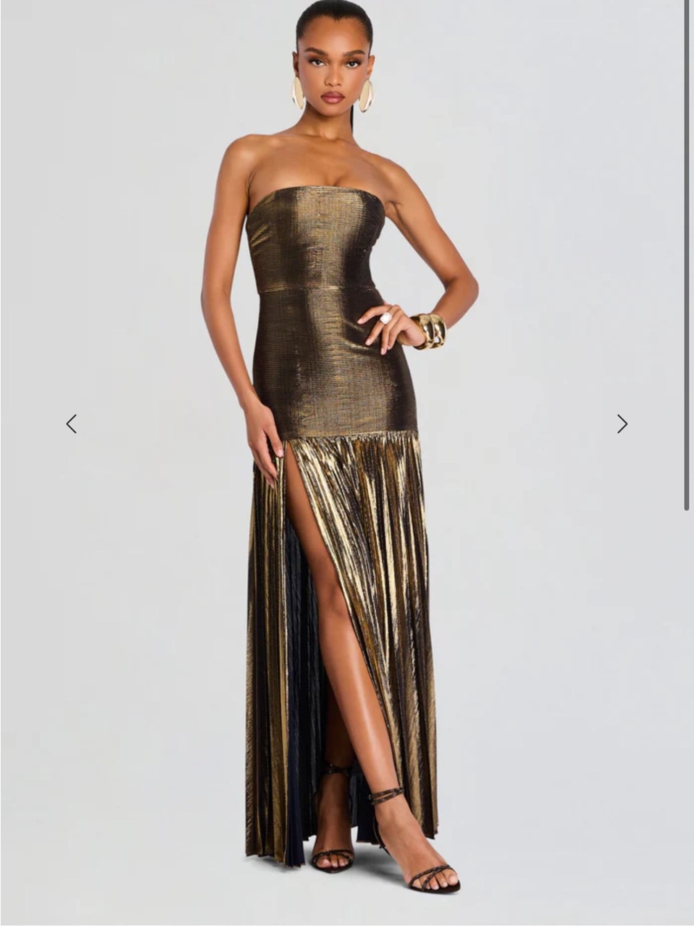 Retrofete Metallic Gold Strapless High-Slit Gown